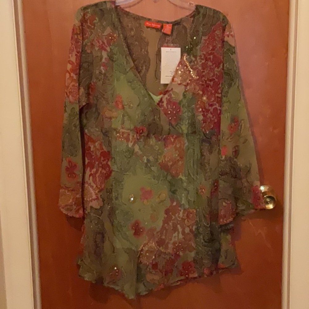 Green Embellished Blouse with Ruffled 3/4 Sleeves